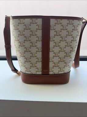Celine Monogram Bucket Bag in Beige and Brown Leather